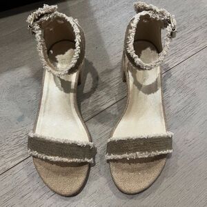 Stuart Weitzman Nudistchains Canvas Gold Sandals Tweed  Block US 6
